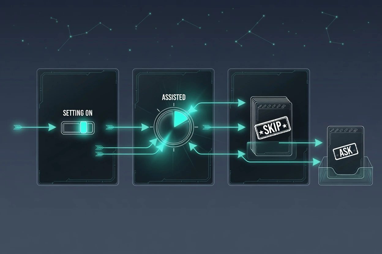Split slate HUD, dim EXTENSION HOST with an empty slot beside a lit AGENT HOST dial stopped on ASSISTED under a COPILOT chip