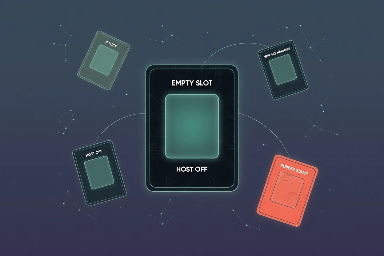 Slate timeline of dim SKIP ticks ending in a bright ASK chip under an ASSISTED dial