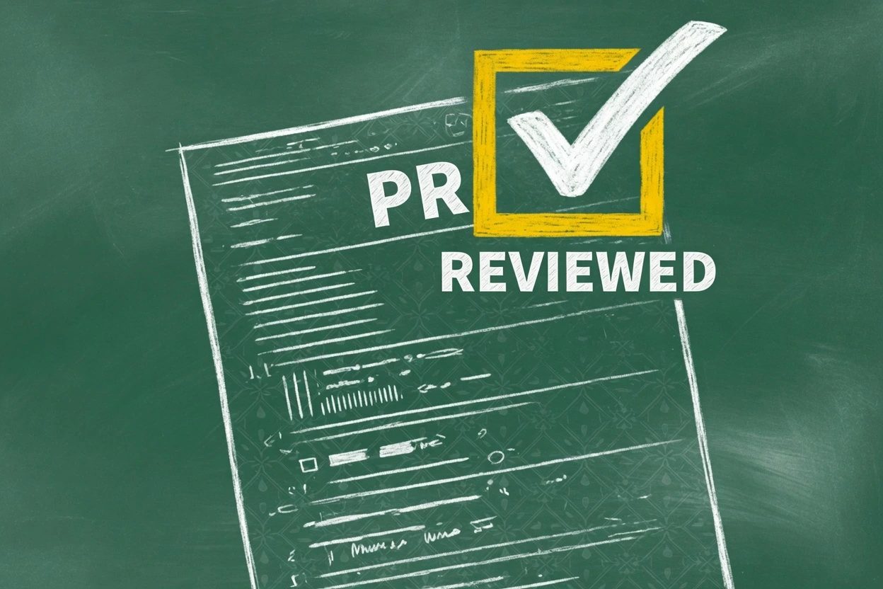 A large checkbox labeled human reviewed sitting on a pull request page whose paper already carries a faint woven mark