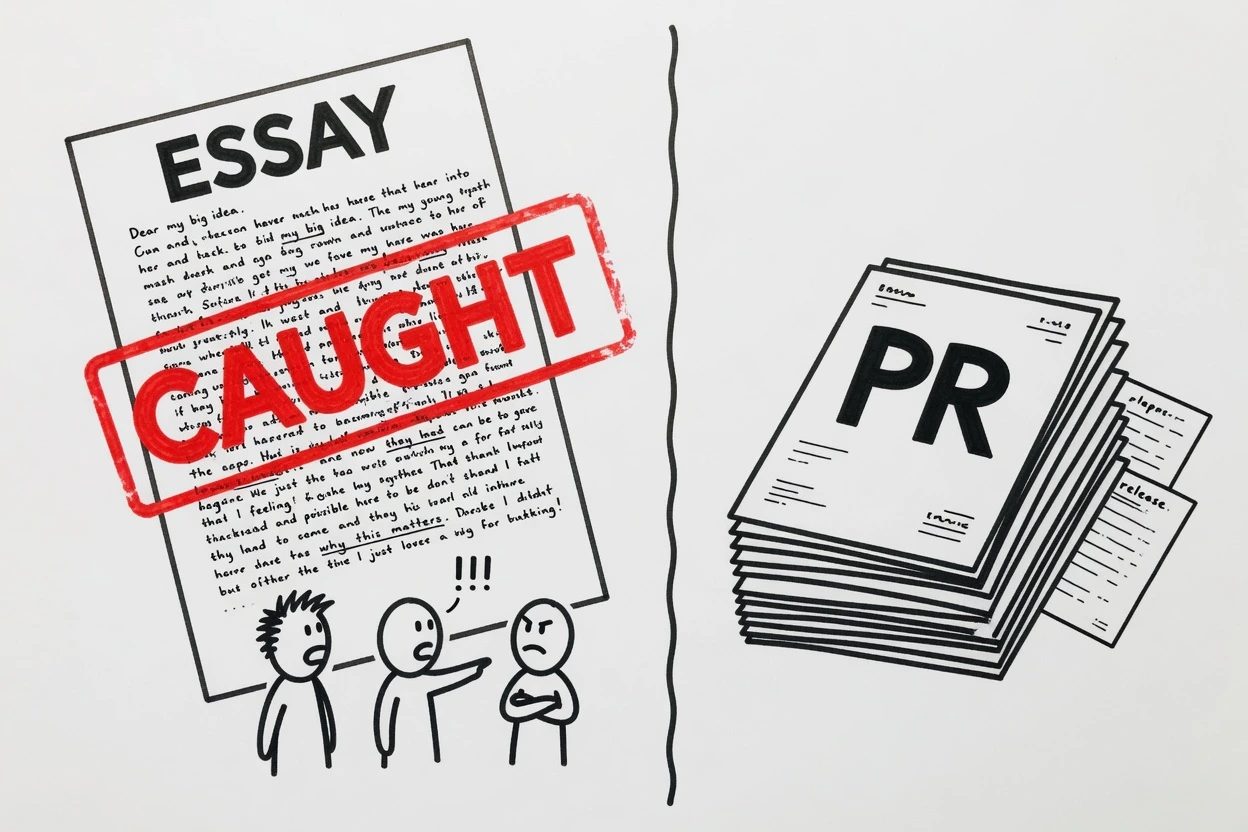 Sketchnote of a stamped essay on the left with a crowd facing it, and a ignored stack of pull request papers on the right
