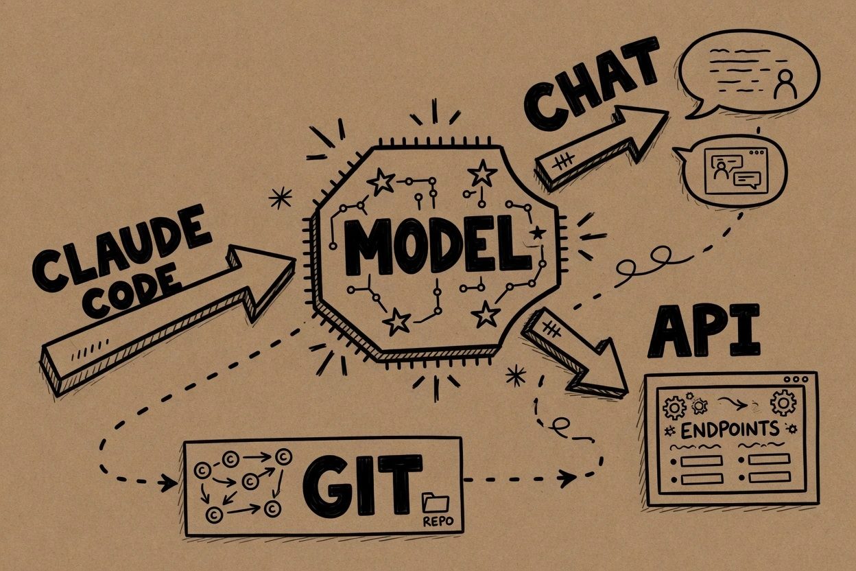 Hub drawing labeled model level with arrows to chat, API, and Claude Code, the last arrow landing on a git commit card