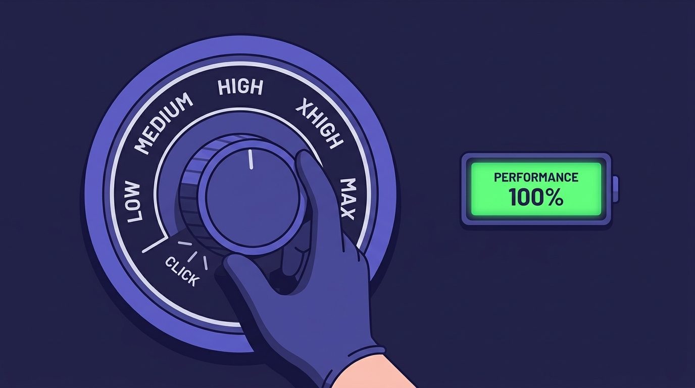 A control dial for Fable 5 effort levels being turned down while a performance meter stays full, illustrating that lower effort still performs well.