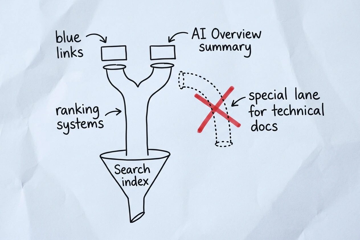 A hand-drawn sketch of one funnel labeled Search index feeding a single pipe labeled ranking systems, which splits into blue links and AI Overview summary, beside a separate dotted pipe labeled special lane for technical docs crossed out in red