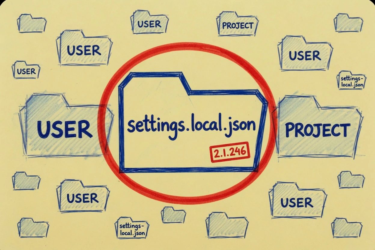 Yellow cardstock sketch of three file tabs, the center one lettered settings.local.json and circled in red with a 2.1.246 stamp, USER and PROJECT tabs faded beside it