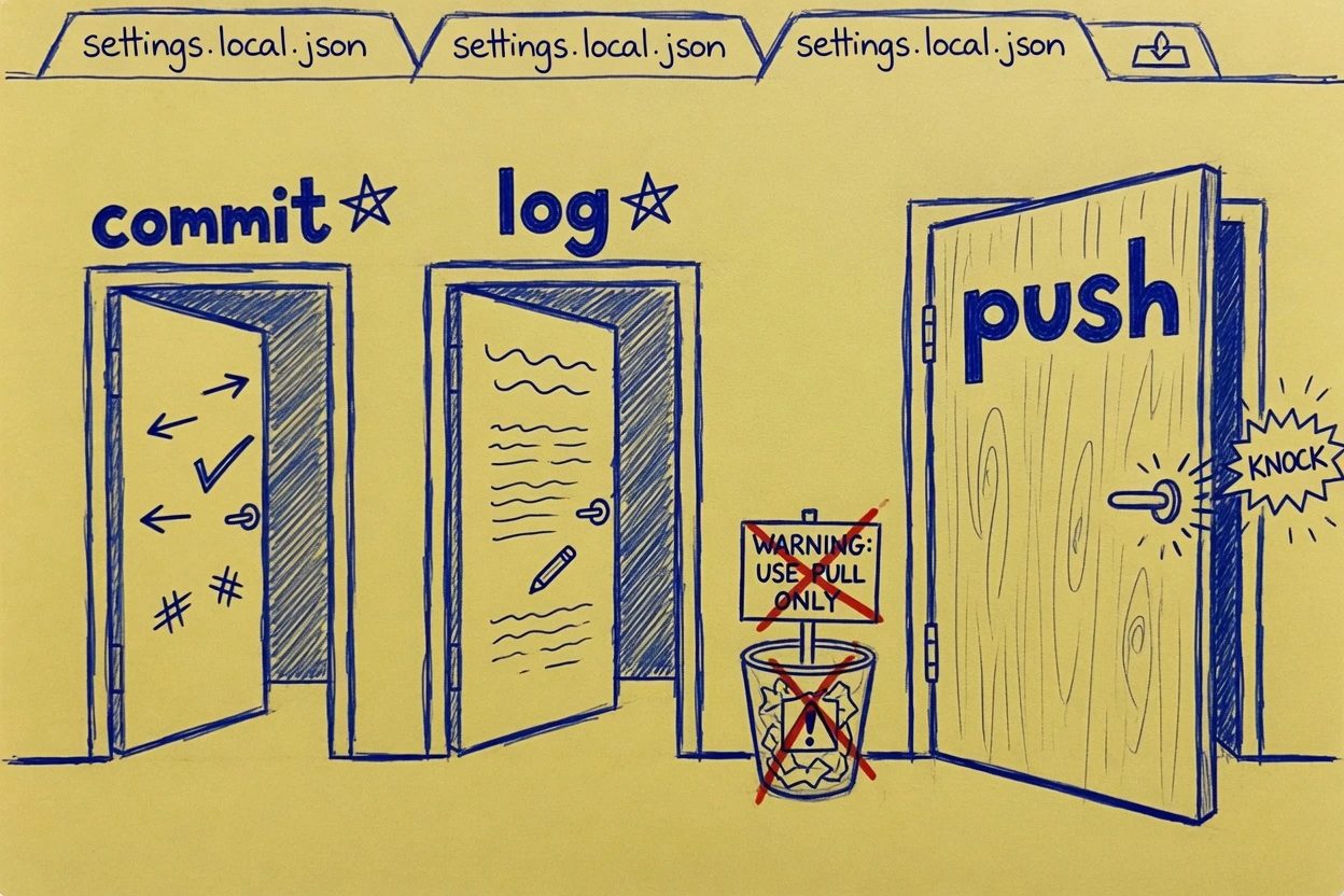 Yellow cardstock sketch of open commit and log doors with stars on the lintels, a closed push door with a knock burst, and a warning sign in the trash