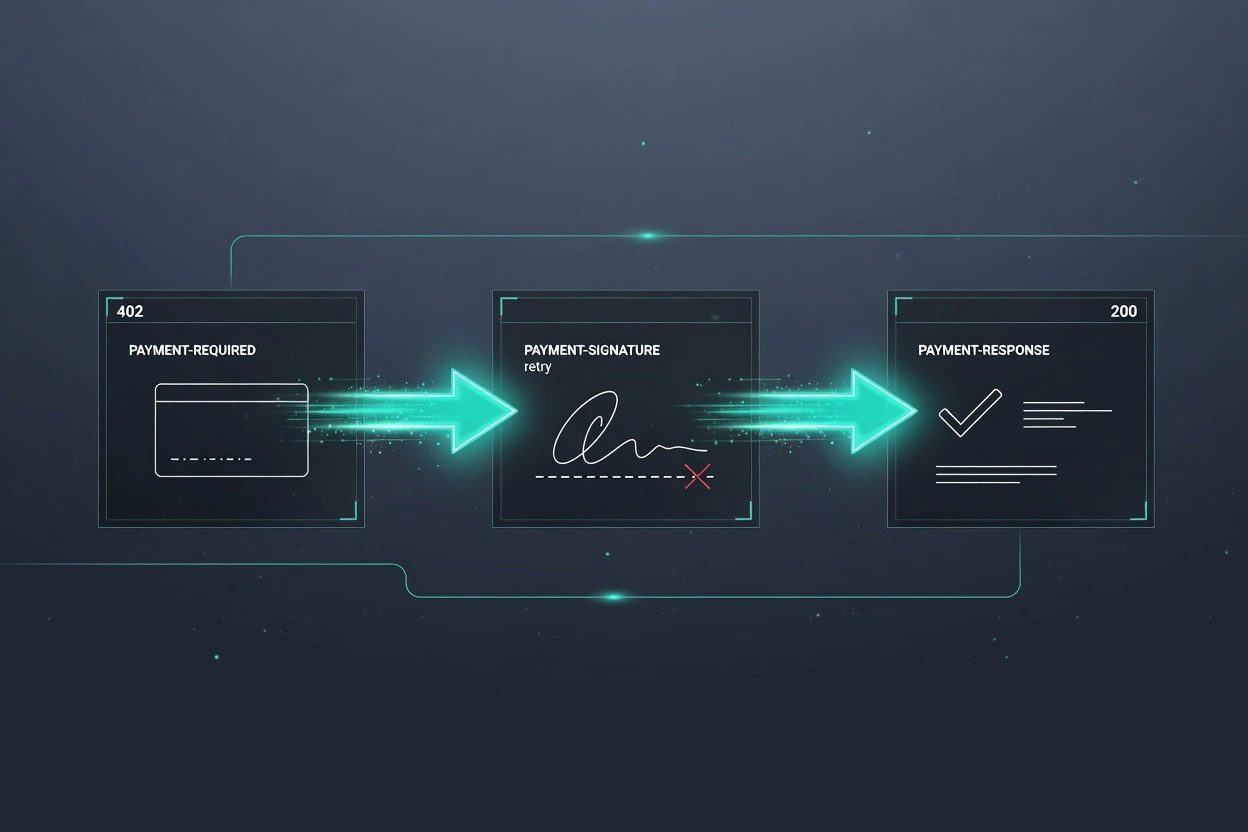 A three-step HUD path labeled PAYMENT-REQUIRED, PAYMENT-SIGNATURE, and PAYMENT-RESPONSE, teal glow riding the arrows