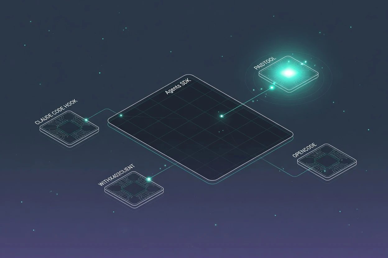 Four glass chips on one Agents SDK plate, labeled PAIDTOOL, WITHX402CLIENT, OPENCODE, and CLAUDE CODE HOOK, one chip at max glow
