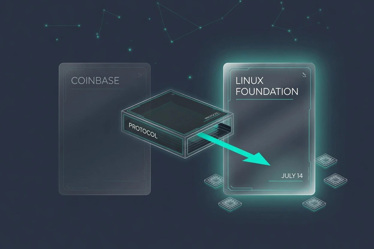 A PROTOCOL crate sliding from a dim COINBASE card onto a lit LINUX FOUNDATION card marked JULY 14, ringed by small member chips