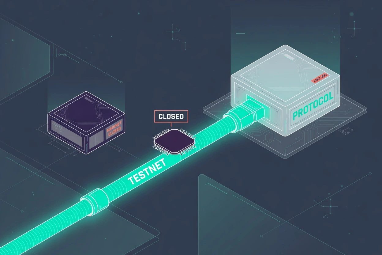 A lit PROTOCOL crate on the foundation side, with a teal TESTNET pipe still plugged into a dim Coinbase node and MAINNET marked closed