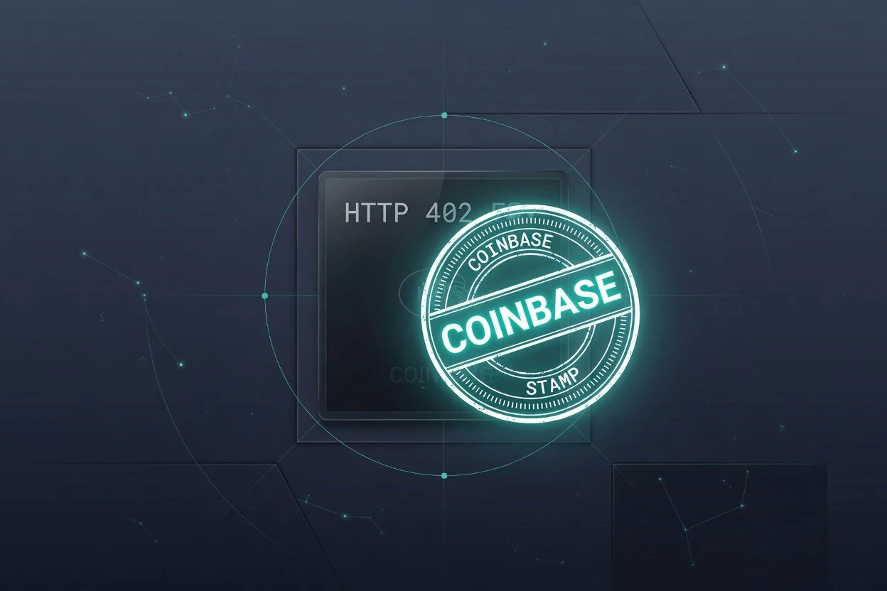 A dim HTTP 402 glass plate under a bright COINBASE stamp, teal glow only on the stamp