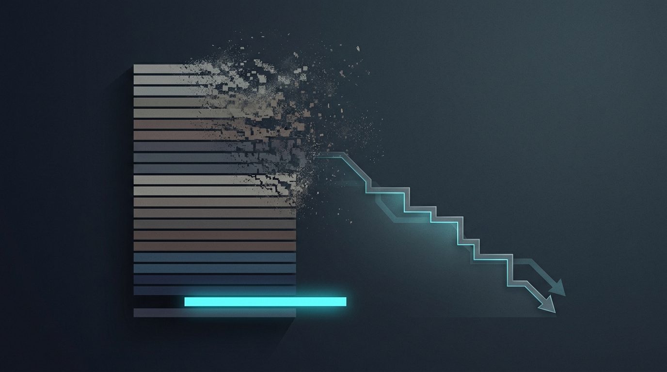 Stacked bars of an instruction file crumbling into fragments at the top while a bright cyan line is added at the bottom, next to a descending stepped curve