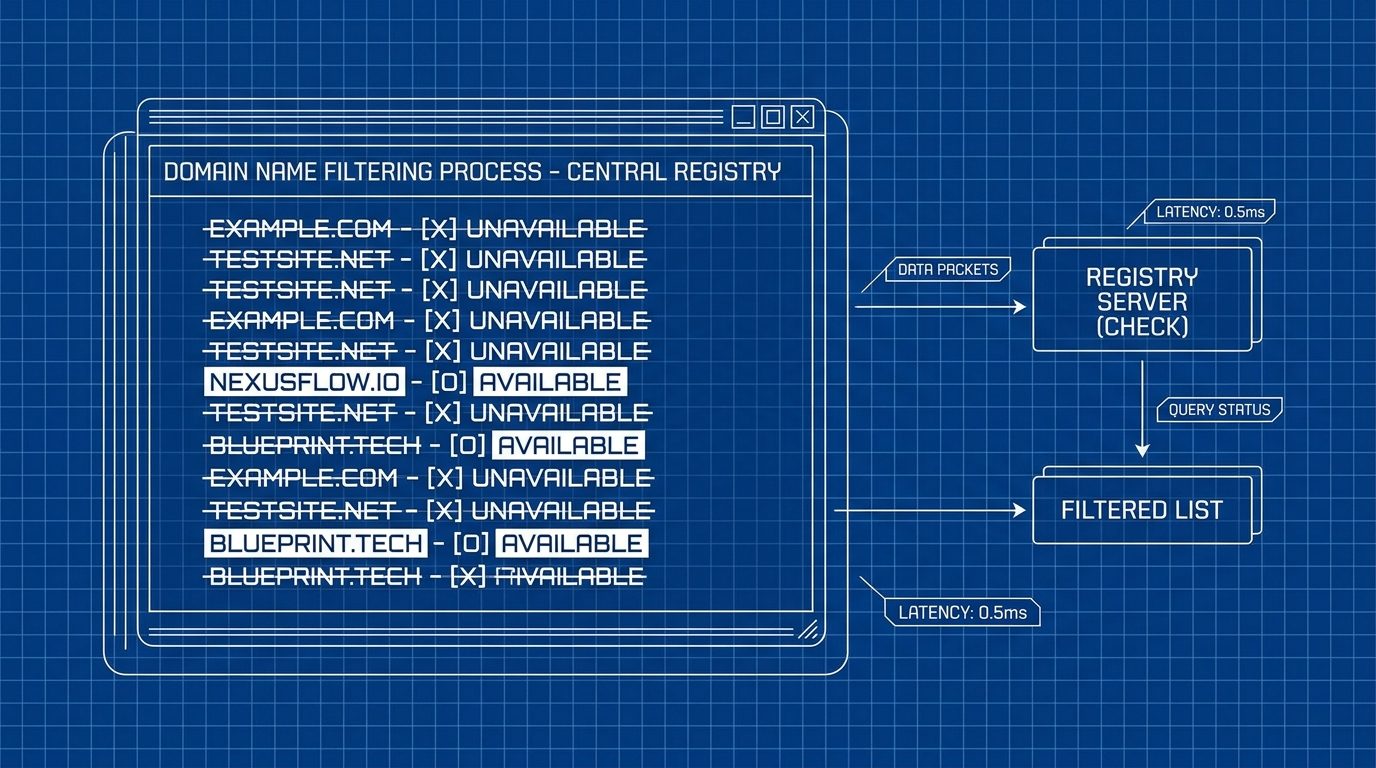 Blueprint-style schematic of a terminal window filtering a list of candidate domain names against a central registry server, with taken names struck through and a few marked available
