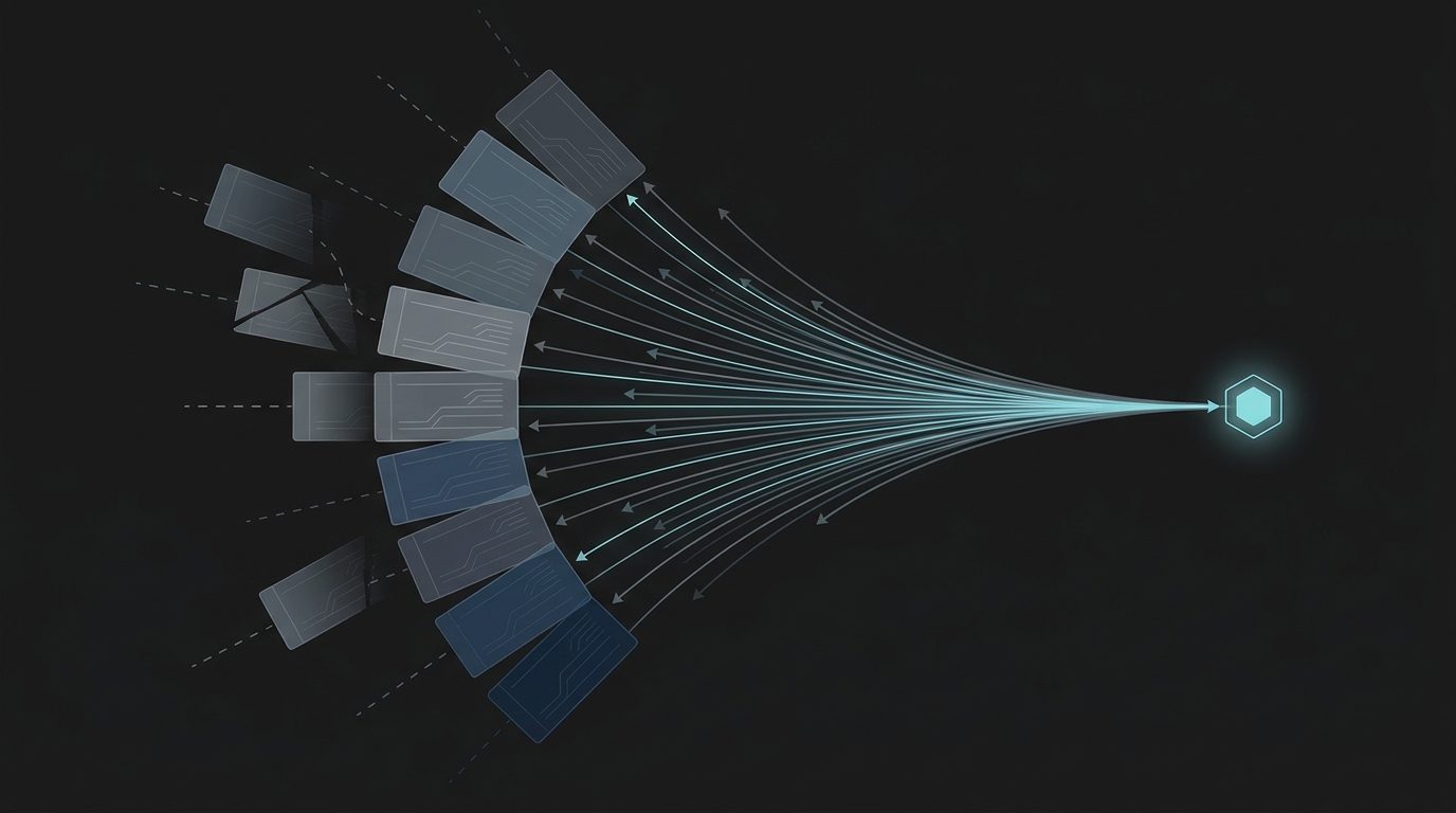 A wide fan of faint slate source-document cards converging into a single glowing cyan node, with several cards detaching so the bundle of connecting lines narrows