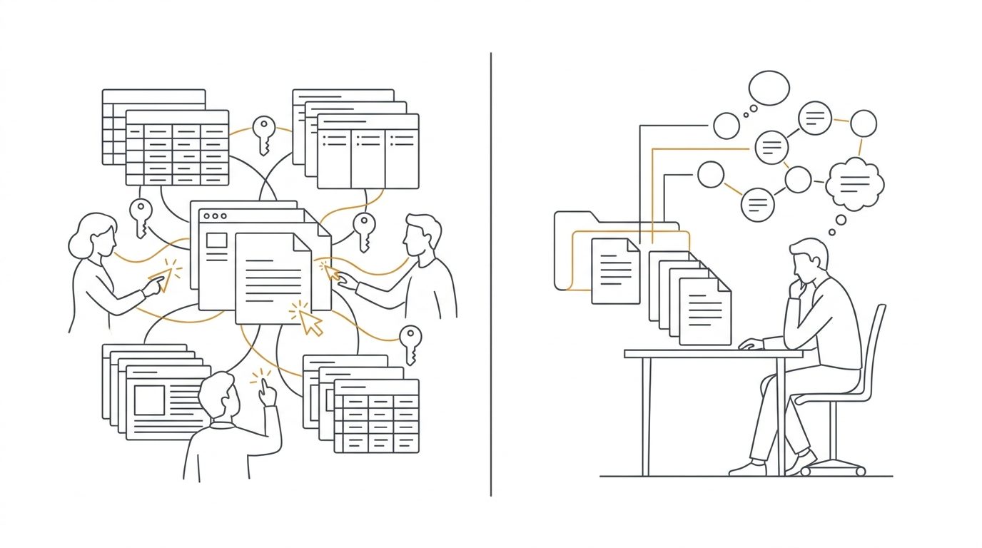 Line-art illustration split in two: on the left a team editing one document inside a lattice of database tables, board views and permission keys; on the right a single person at a desk with a folder of plain text files linked to a small constellation of notes.