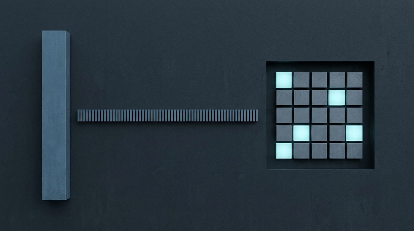 One tall slate bar towering over a long row of tiny flat bars, beside a five by five grid of dark squares with five of them lit in cyan