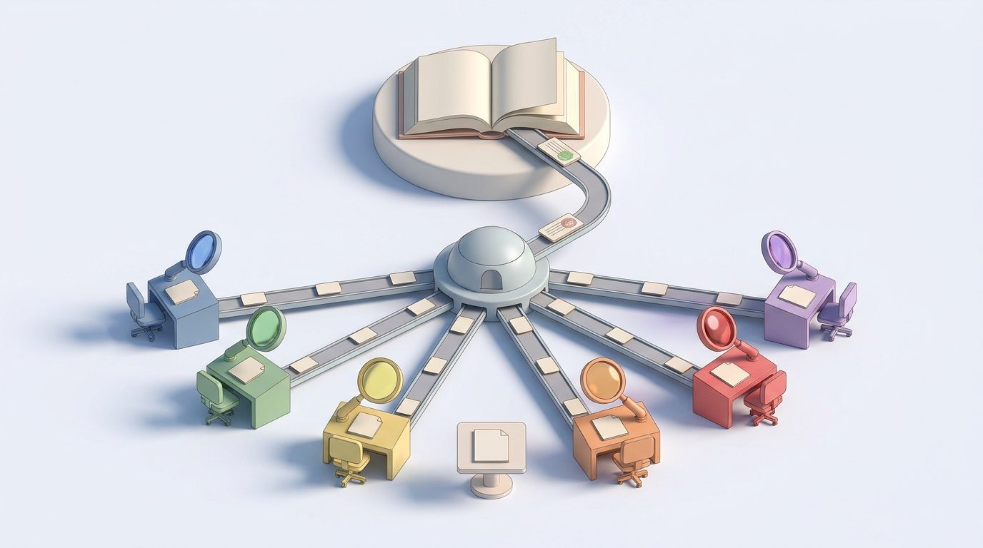 Isometric miniature scene of six colored reviewer desks, each with a magnifying lens, sending report cards along tracks into a central merge hub that loops one verdict card back to an open rulebook on a pedestal