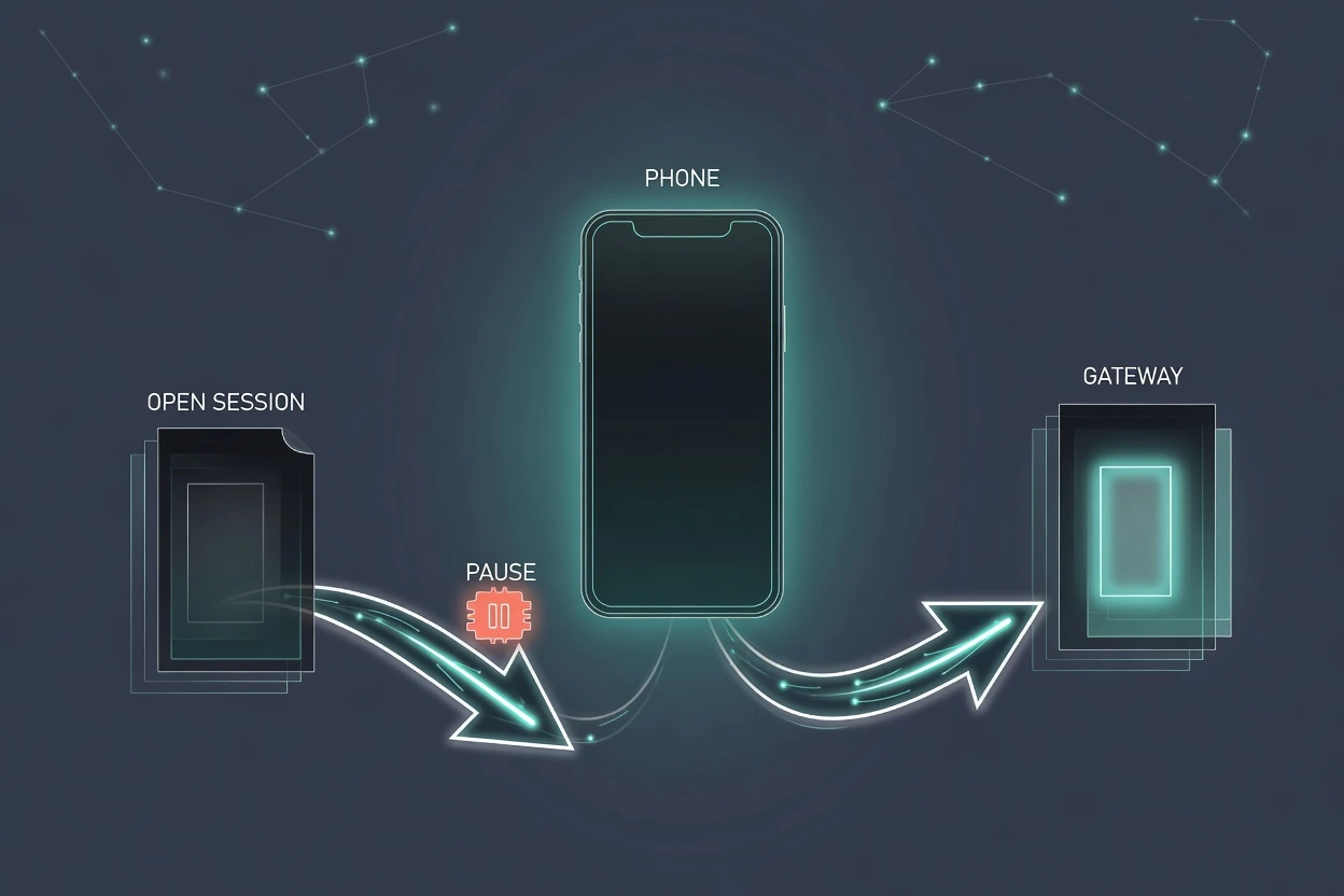 Slate HUD hub with a PHONE in the center, one path to an OPEN SESSION marked PAUSE and one path to a running GATEWAY
